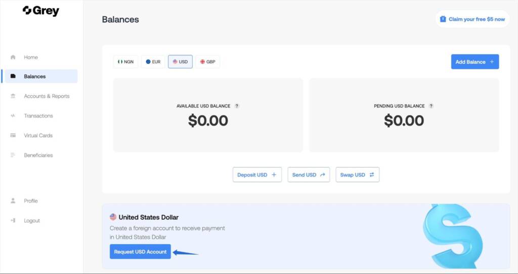 request your USD account with grey