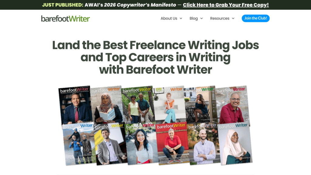 Barefoot Writer homepage - ND Media Designs Barefoot Writer homepage promoting freelance writing jobs and careers