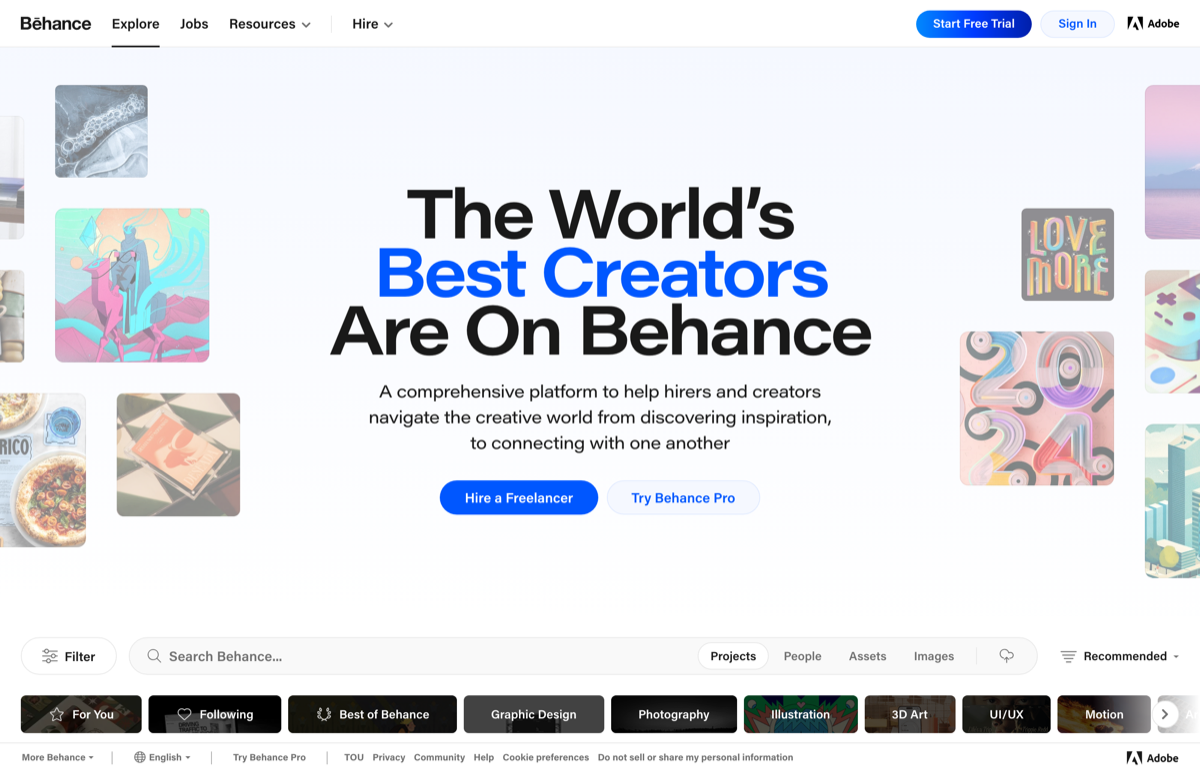 Behance homepage, a portfolio platform where designers showcase work to clients