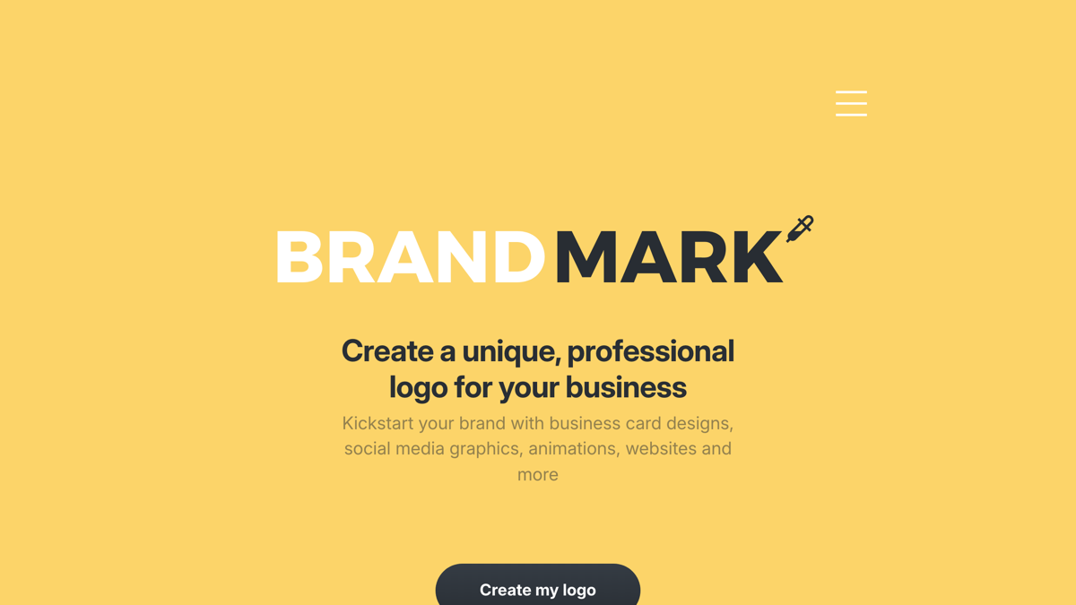 Brandmark AI logo generator - ND Media Designs Brandmark homepage showing the pay-once AI logo generator