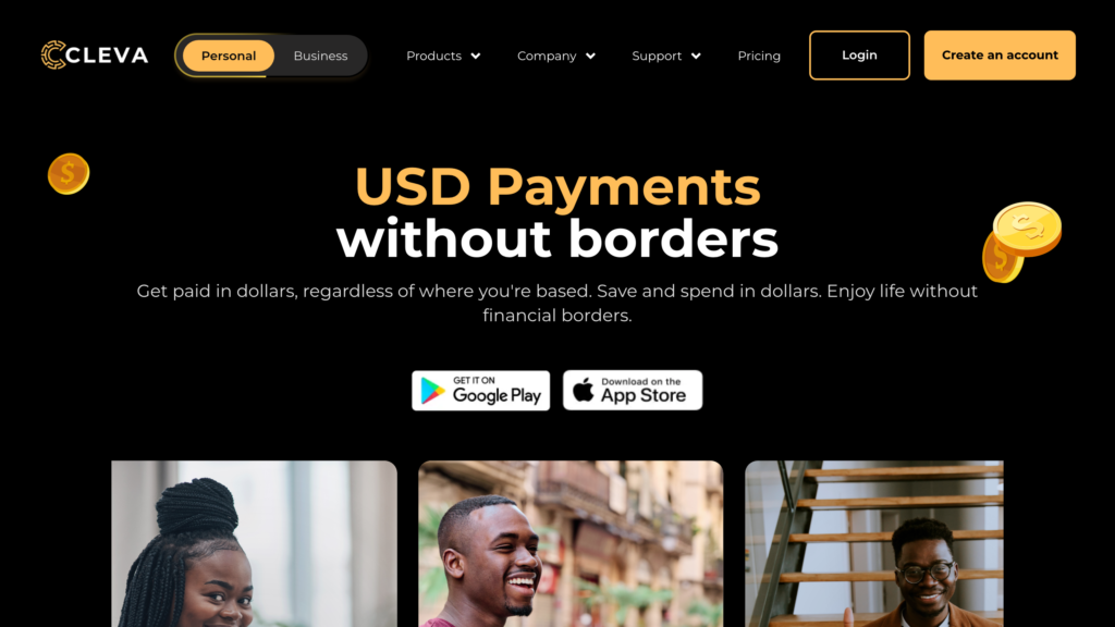 Cleva USD account homepage - ND Media Designs Cleva homepage promoting USD payments without borders for getting paid in dollars from Nigeria