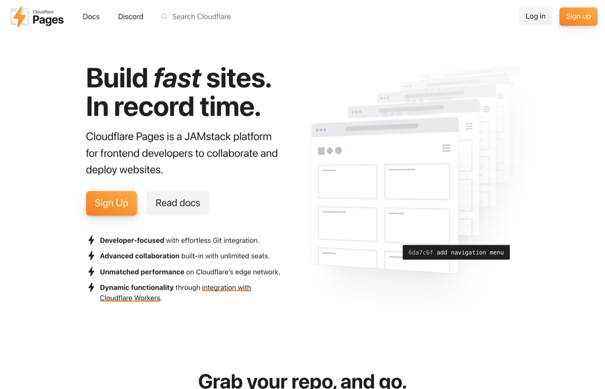 Cloudflare Pages homepage, a free static site hosting platform with unlimited bandwidth