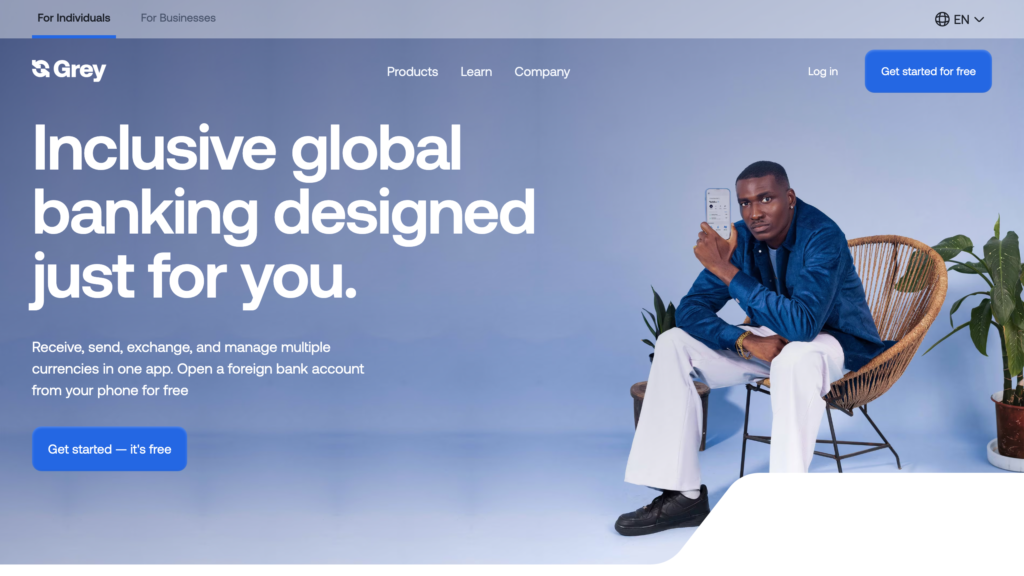 Grey virtual foreign account homepage - ND Media Designs Grey homepage offering inclusive global banking with free USD, GBP, and EUR accounts from your phone