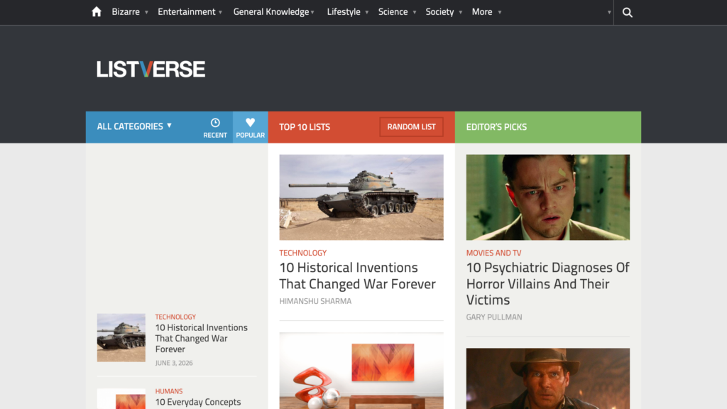 Listverse homepage - ND Media Designs Listverse homepage, a site that pays 0 for list articles