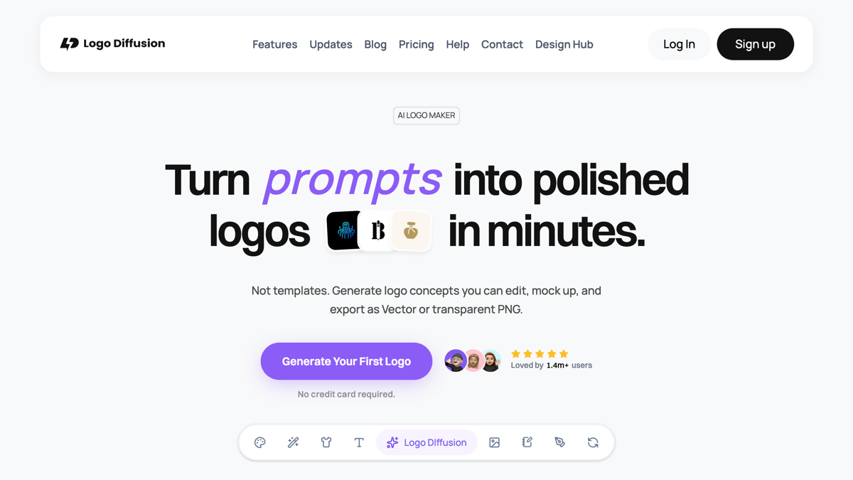 Logo Diffusion AI logo maker - ND Media Designs Logo Diffusion homepage, an AI logo generator that turns prompts into logos
