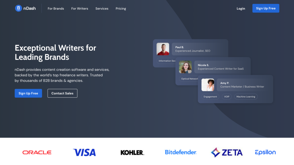 nDash homepage - ND Media Designs nDash homepage, a content marketplace pairing freelance writers with brands