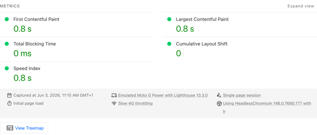 Example PageSpeed Insights mobile report showing passing Core Web Vitals with all lab metrics in green