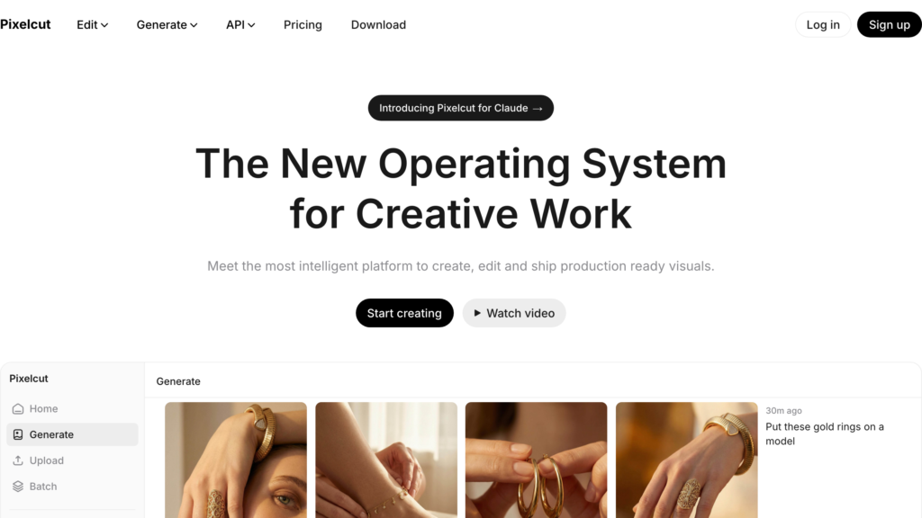 Pixelcut homepage, an AI platform for creating and editing product visuals