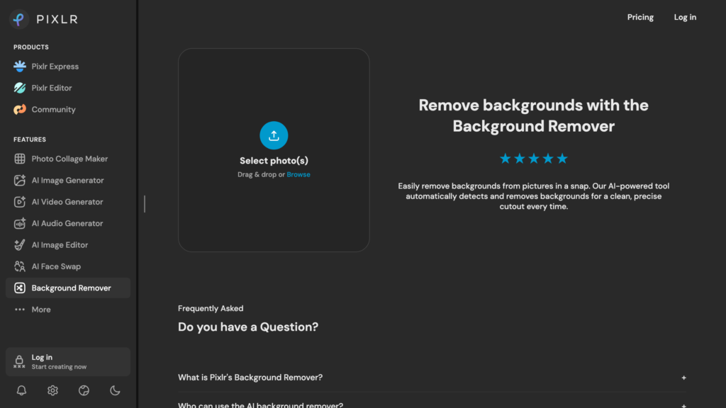 Pixlr background remover - ND Media Designs Pixlr Background Remover page with a photo uploader and AI cutout description