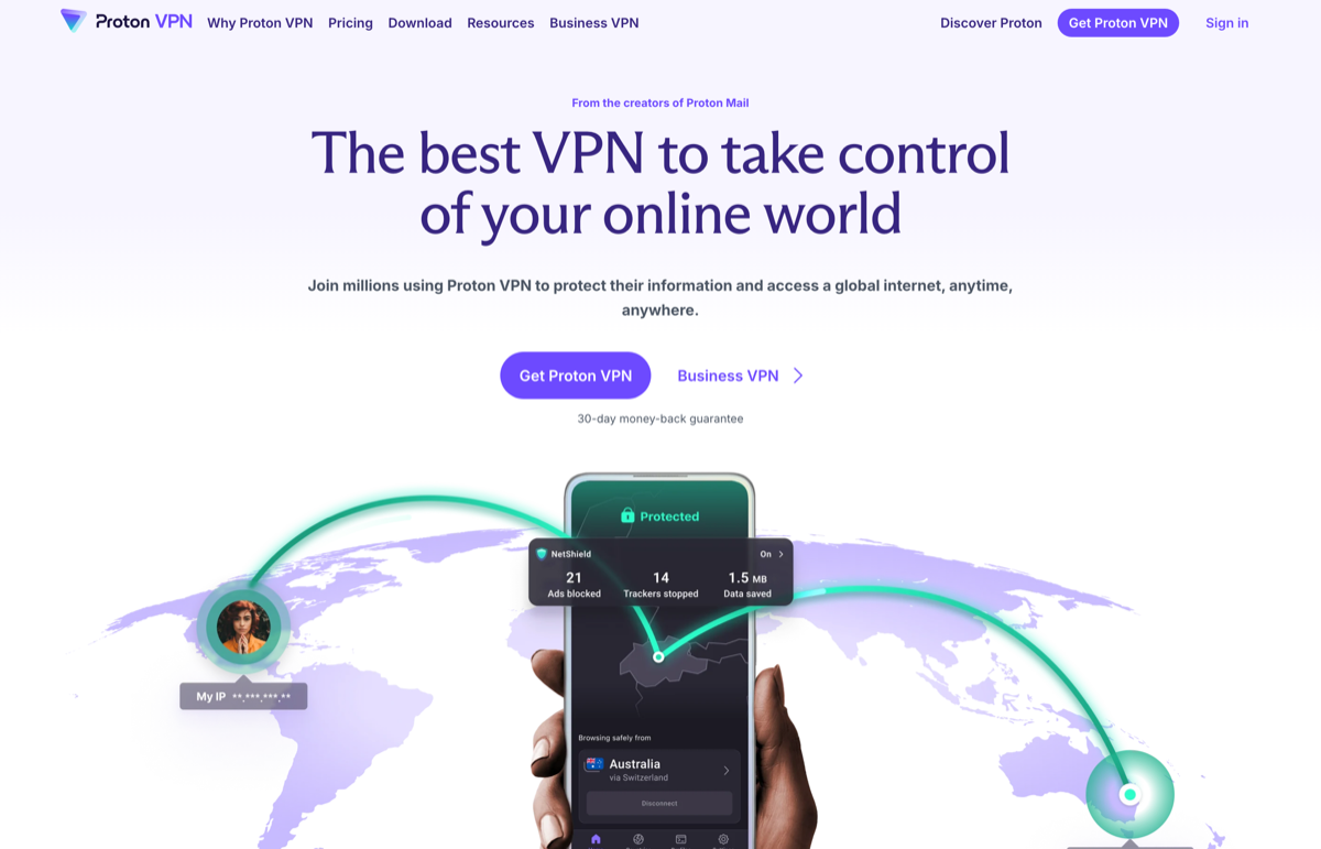 Proton VPN - ND Media Designs Proton VPN homepage showing its mobile app protecting a connection