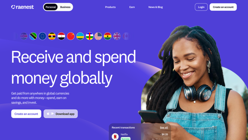 Raenest virtual dollar account homepage - ND Media Designs Raenest (formerly Geegpay) homepage showing its receive and spend money globally multi-currency account