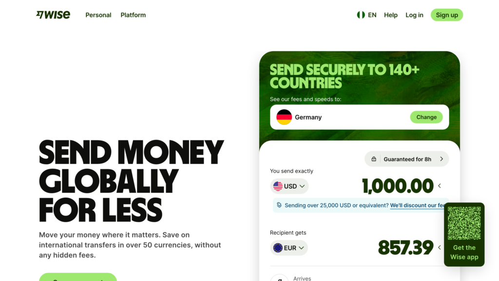 Wise homepage - ND Media Designs Wise (formerly TransferWise) homepage promoting low-cost global money transfers, a send tool for Nigerian users